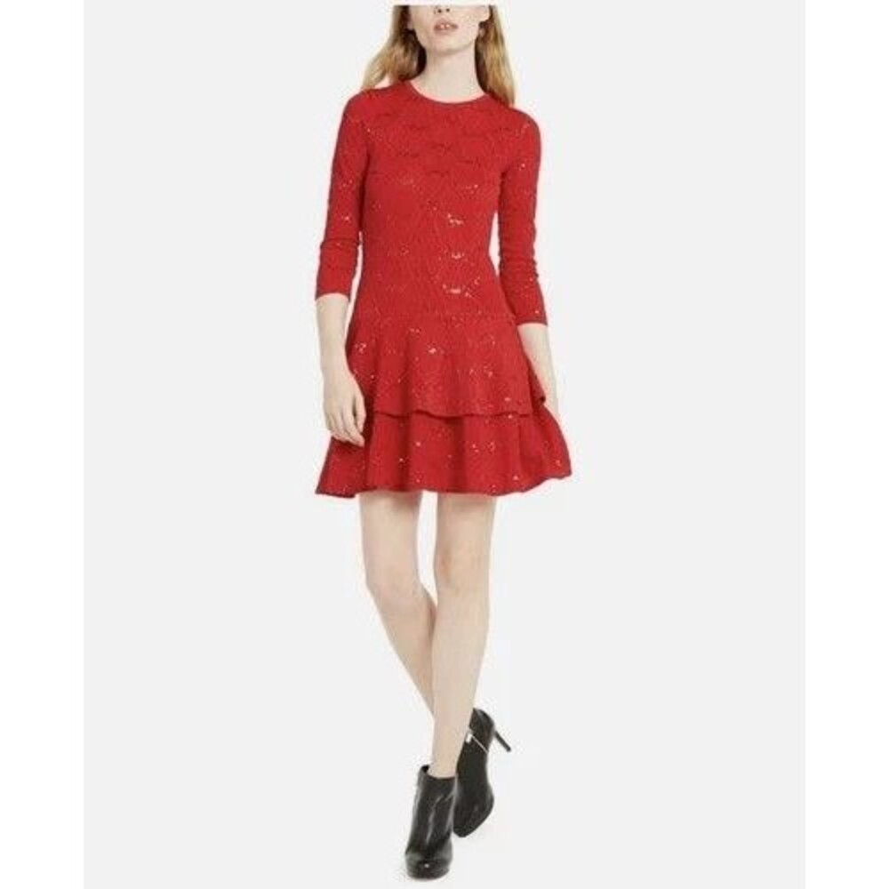Michael Kors Sequin  Sz S Jacquard Red 3/4 Sleeve Tiered A-Line Flounce Dress